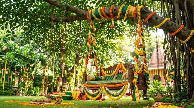 Traditional Wooden Jhula Decorated with Marigold and Jasmine Flowers for Hariyali Teej Celebration Under a Banyan Tree Branch