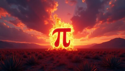 Fototapeta premium Red pi symbol burns brightly in desert landscape at sunset. Dramatic clouds and mountains form background. Fiery glow illuminates arid terrain.
