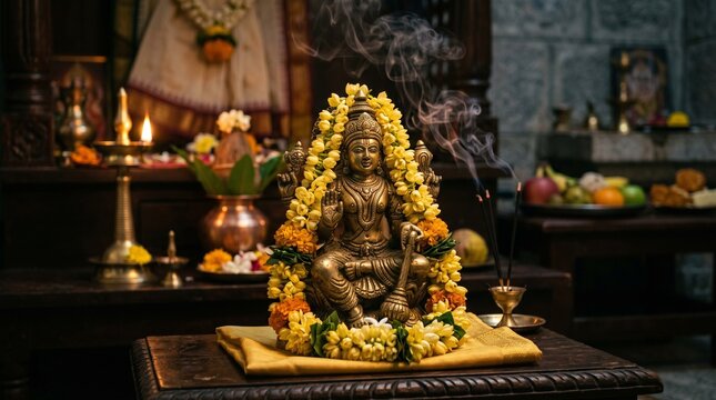 Ornate Brass Idol of Lord Vishnu Adorned with Yellow Jasmine Garlands and Wisps of Incense Smoke for Aja Ekadashi Festival Celebration