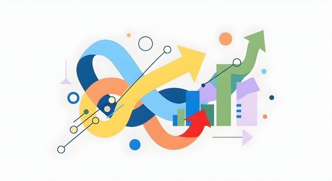 Abstract illustration of chaotic arrows and growth charts symbolizing business strategy, data analysis, and progress
