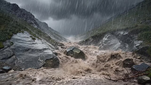 Rainwater rushing down a natural mountain gully during a storm showing powerful muddy flow