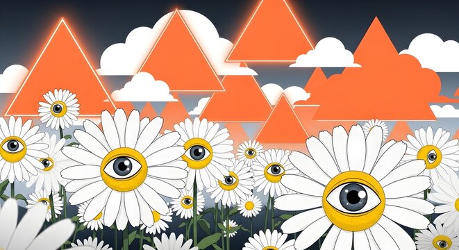 Surreal psychedelic daisy field with glowing orange pyramids and eyes in the sky