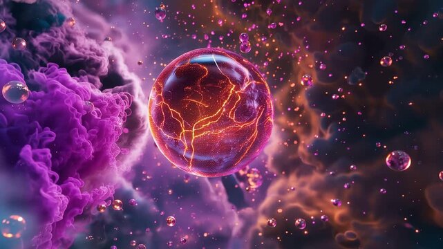 Abstract futuristic glowing orb surrounded by cosmic particles and energy waves in space 4k video