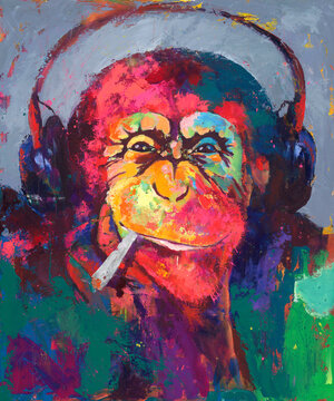 A painting of a colorful monkey listening to music through headphones and smoking.