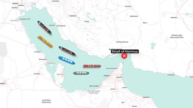 Animated Map of Cargo Ships Blocked at Strait of Hormuz in Persian Gulf
