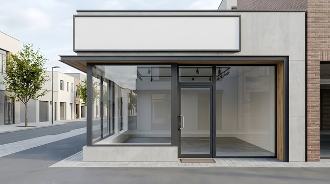 Modern empty storefront with blank signboard in urban street setting