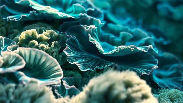 Intricate underwater coral reef with vibrant blue and green hues and delicate textures 4k video