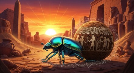 Obraz premium An Ancient Egyptian Scarab Beetle Pushes a Hieroglyphic Ball at Sunrise
