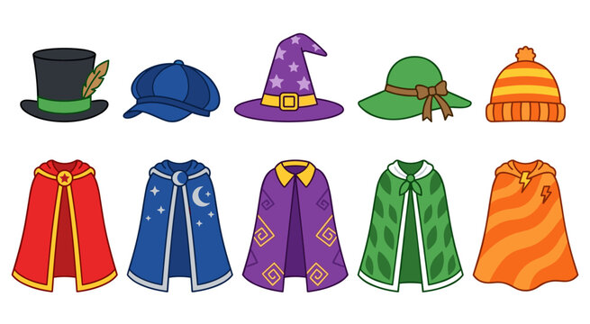 Variety of cartoon hats and capes for fantasy and adventure themed play. Collection of cartoon hats and capes, featuring wizard, top hat, and various cloak styles. Vector illustration.