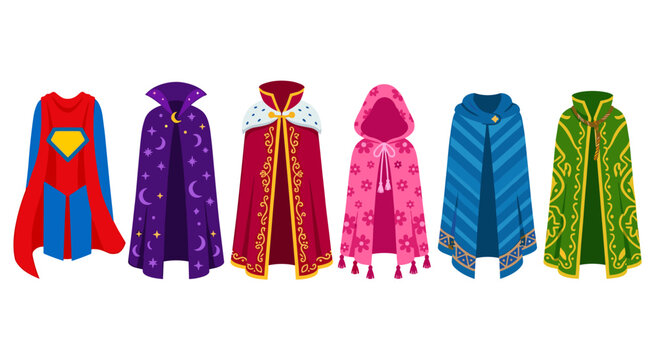 Colorful capes for fantasy and superhero characters. Collection of vibrant cartoon capes, featuring superhero, wizard, royal, and magical designs. Vector illustration.