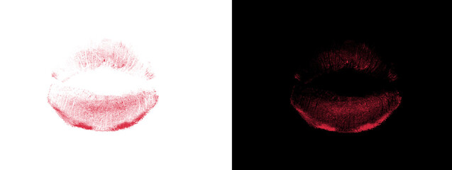 Obraz premium Light Pinkish Red Lipstick Kiss Mark with Soft Upper Lip Detail on White and Black Split Background