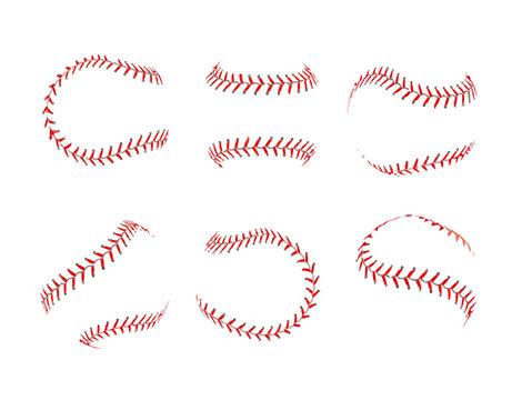 Baseball stitching set, red laces isolated on white background