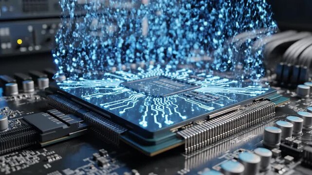 Computer processor with blue circuit design emits digital particles, showcasing technological advancement in a modern electronic environment with circuit board details