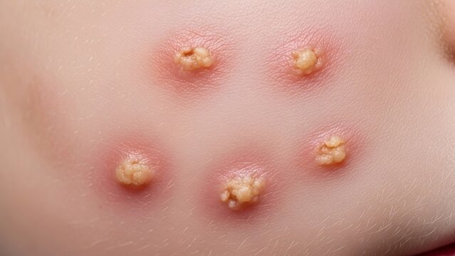 A detailed close-up showing multiple small, reddish lesions with yellowish, pus-filled centers on human skin, representing an active bacterial impetigo infection that requires prompt medical diagnosis