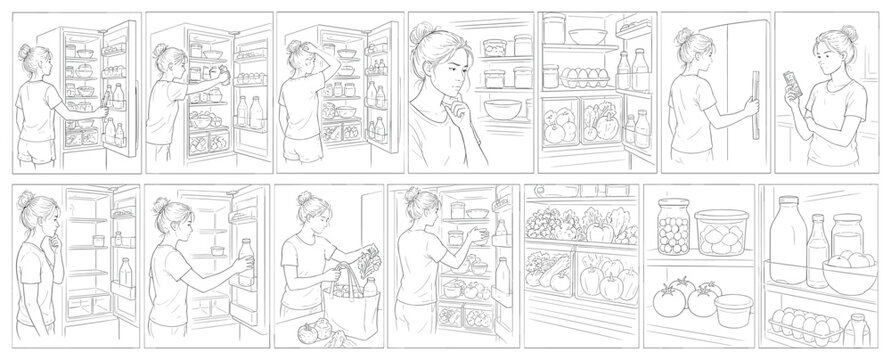 Woman deciding what to eat from a well-stocked refrigerator