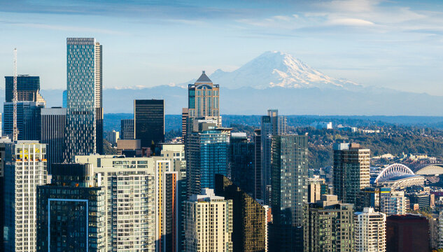 Aerial view of the Seattle Space Needle skyline, a city of skyscrapers, in the United States.