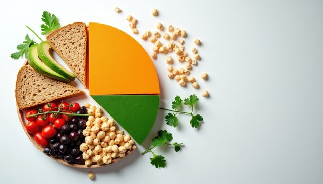 Pie chart graphic shows balanced diet food groups. Proteins fats carbs in nutrition plan. Healthy eating foods avocado toast tomatoes beans greens. Balanced meal prep.