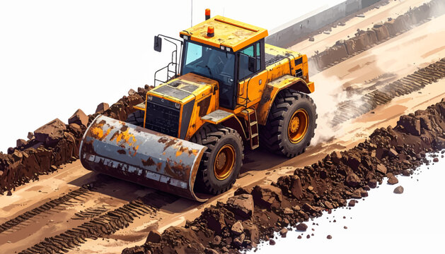 Heavy vibratory compactor smoothing out a dirt path with dust