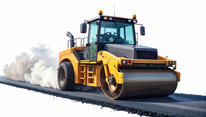 Obraz premium Heavy yellow road roller compacting fresh asphalt on a new road, vital for infrastructure construction and smooth transportation, showcasing efficient industrial machinery
