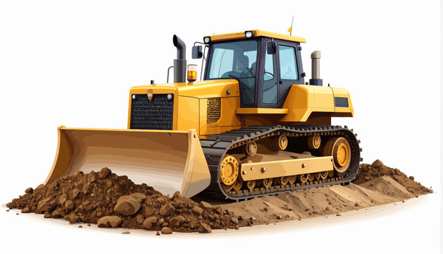 Yellow bulldozer working on a construction site, pushing dirt with its blade, showcasing heavy machinery in action