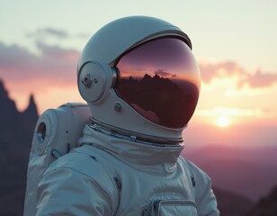 Fototapeta premium Astronaut helmet reflects alien planet landscape. Space explorer views mountain terrain at sunset. Solitary figure wears white suit, faces unknown world. Muted sky, pink clouds, distant sun.