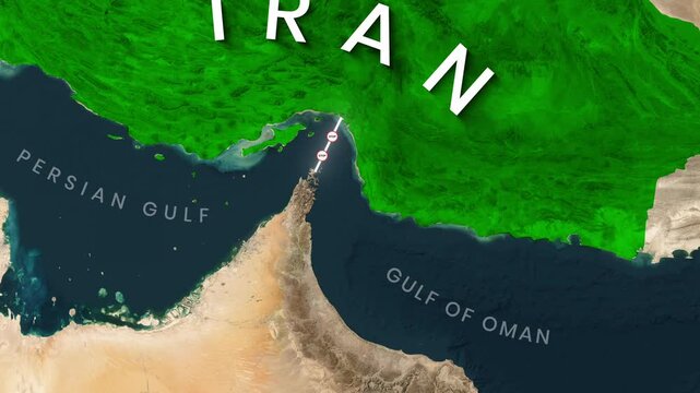 Persian Gulf geopolitical conflict animation showing restricted maritime movement in map footage