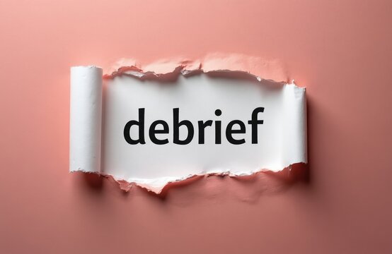 Torn paper reveals word debrief. Concept for post-event analysis. Business meeting summary. Project review session. Post-mortem discussion. Team review time. Learning session.