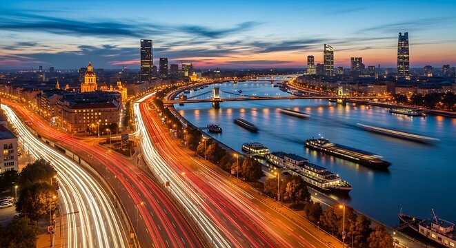 Stunning Frankfurt Skyline Sunset with Long Exposure Traffic Light Trails and Main River.
