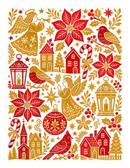 Obraz premium Festive Christmas collage with angels, birds, houses, and poinsettias