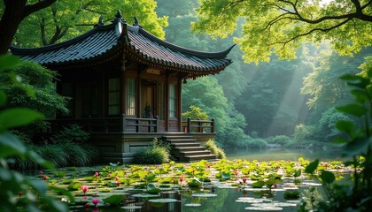 Fototapeta premium Traditional asian pavilion structure near water pond with lotus flowers and green plants. Sun rays break through trees. Peaceful garden offers quiet nature escape.