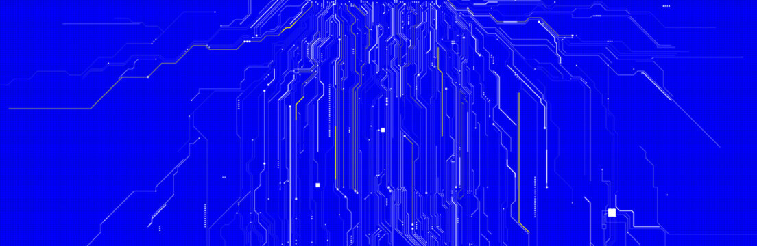 Vibrant blue circuit board with white and yellow glowing full-coverage pathway on pure electric blue background for bold technology and AI design