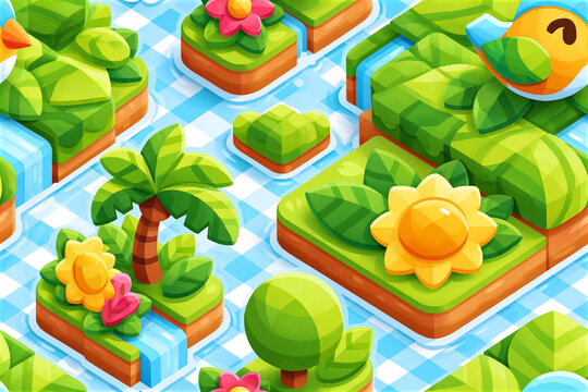 Seamless Pattern of Whimsical Floating Islands with Waterfalls and Sunflowers