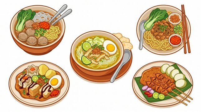 Flat vector illustration set of 5 popular Indonesian traditional dishes on white background. Includes bakso meatball soup, soto ayam chicken soup, mie ayam chicken noodles, siomay with peanut sauce, a