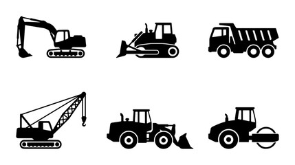 Construction Vehicle Icons Set, Heavy Machinery Silhouettes, Industrial Equipment Vector Graphics, Building Site Machines Collection © Tanzina