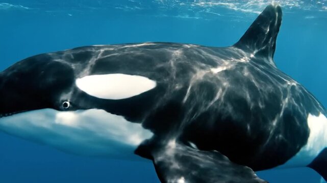 Majestic Orca Whale Swimming Gracefully Through Clear Blue Ocean Waters - A Captivating Underwater Wildlife Encounter