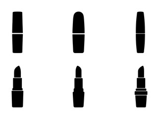 Obraz premium Set of 6 Black Lipstick Icons, Makeup Vector Graphics, Cosmetic Product Silhouettes for Beauty and Fashion Design