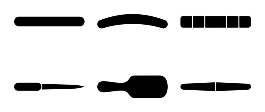 Minimalist Black Icons: Straight Line, Curved Bar, Segmented Rectangle, Knife, Hairbrush, Split Shape - Graphic Elements for Design