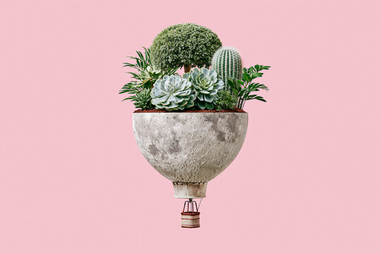 Surreal moon-shaped hot air balloon carrying a lush garden of succulents and cacti against a pastel pink background