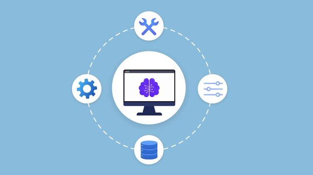 Animated flat technology dashboard featuring connected system icons, digital network elements, and centralized interface for modern workflow management.
