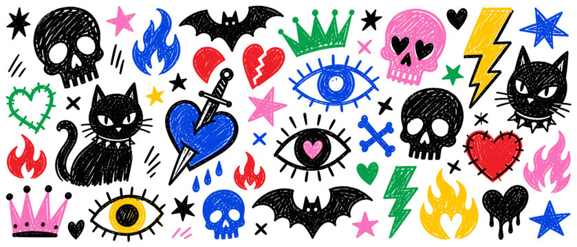 Whimsical doodle pattern featuring skulls, cats, hearts, and lightning bolts