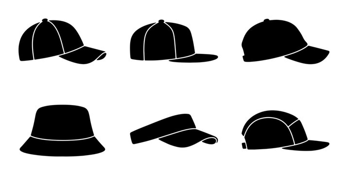 Six Silhouette Headwear Icons: Baseball Caps, Bucket Hats, Visors, and More, Vector Graphics for Fashion and Apparel Design
