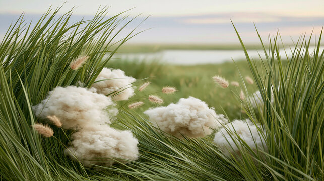 Surreal meadow landscape with fluffy clouds growing like cotton flowers in a dreamy field