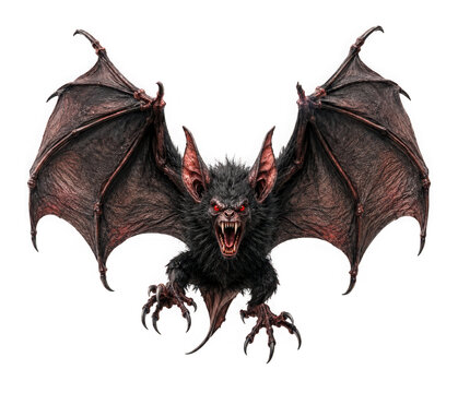Scary flying bat creature with spread wings isolated on transparent background