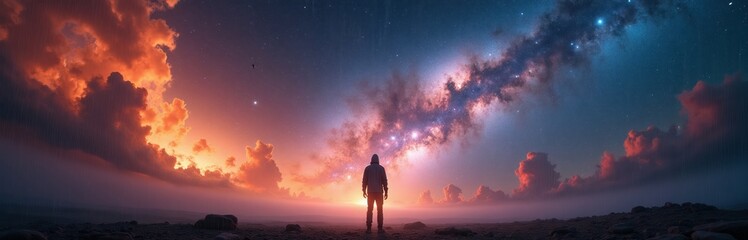 Fototapeta premium Man stands on rocky terrain observing vibrant nebula in night sky. Fiery clouds swirl below vast galaxy and starry expanse. Awe inspiring cosmic view.