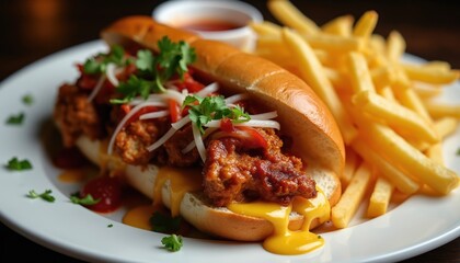 Fototapeta premium Juicy bbq chicken sandwich on bun with melted cheese, french fries served on white plate. Delicious street food, casual lunch meal, savory snack.