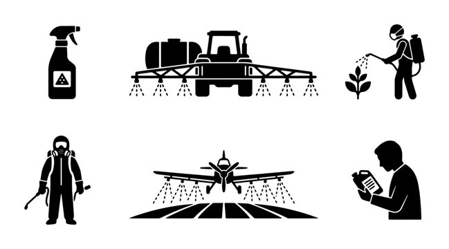 Agriculture Pest Control Icons: Tractor Sprayer, Crop Duster Plane, Person Spraying, Chemical Bottle, Farmer Inspecting Field, Vector Set