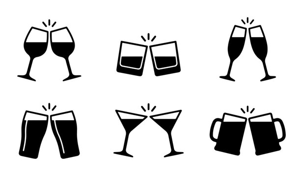 Celebration Toast Icons: Wine, Whiskey, Champagne, Beer, Martini Glasses, Cheers Vector Set. Festive Drink Clinking Collection for Parties, Events, and Holidays.