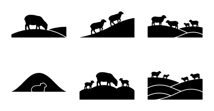 Sheep Silhouette Icons, Farm Animal Vector Graphics, Rural Landscape Scenes, Livestock Collection, Black and White Simple Illustrations