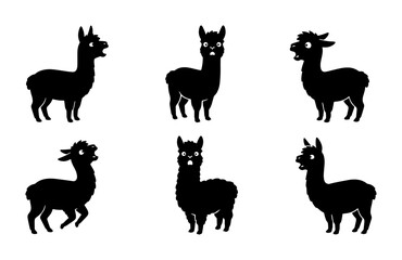 Black Alpaca Silhouettes, Cute Llama Vector Icons, Farm Animal Graphics, South American Camelid Illustrations, Set of 6 Diverse Poses © Rodela