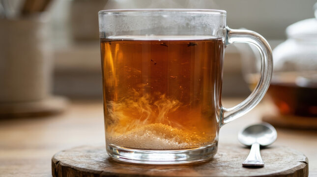 Tea glass cup sugar dissolving spoon hot beverage closeup glass cup of hot tea wooden board, sugar dissolving slowly bottom with swirling motion, metal spoon nearby, warm light, cozy drink scene